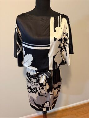 100% Silk Express Black and White Floral Midi Dress